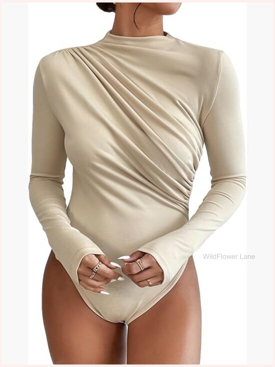 Other - Mock Neck Ruched Long Sleeve Bodysuit Jumpsuit Slim Fit Stretchy